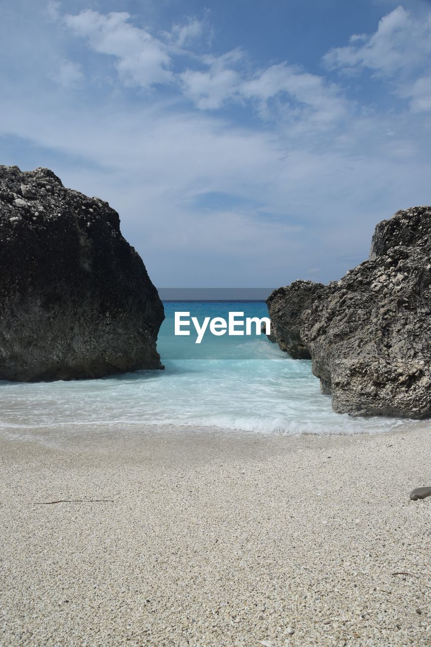 SCENIC VIEW OF ROCKS ON BEACH AGAINST SKY