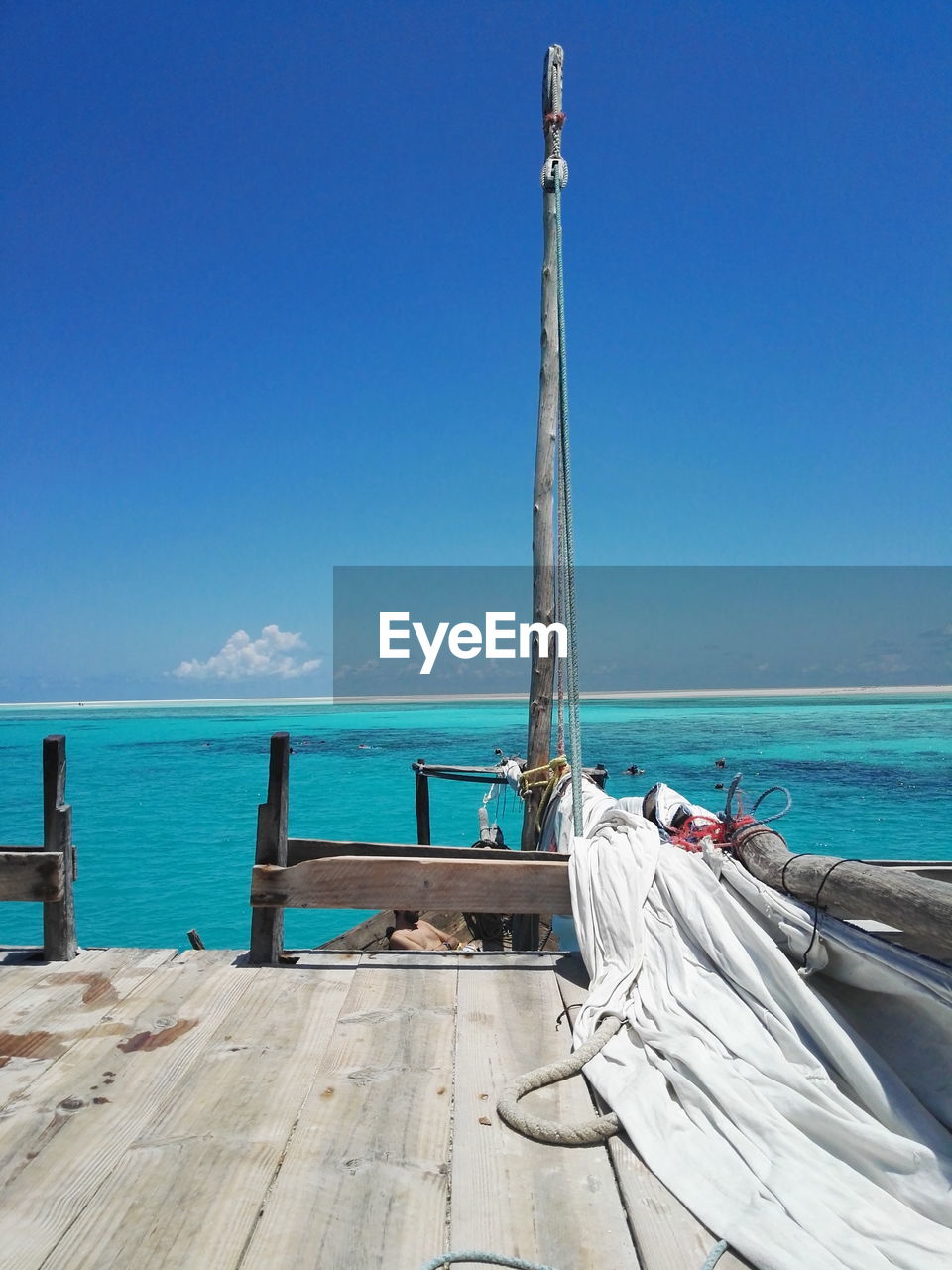 Scenic view of beach against clear blue sky