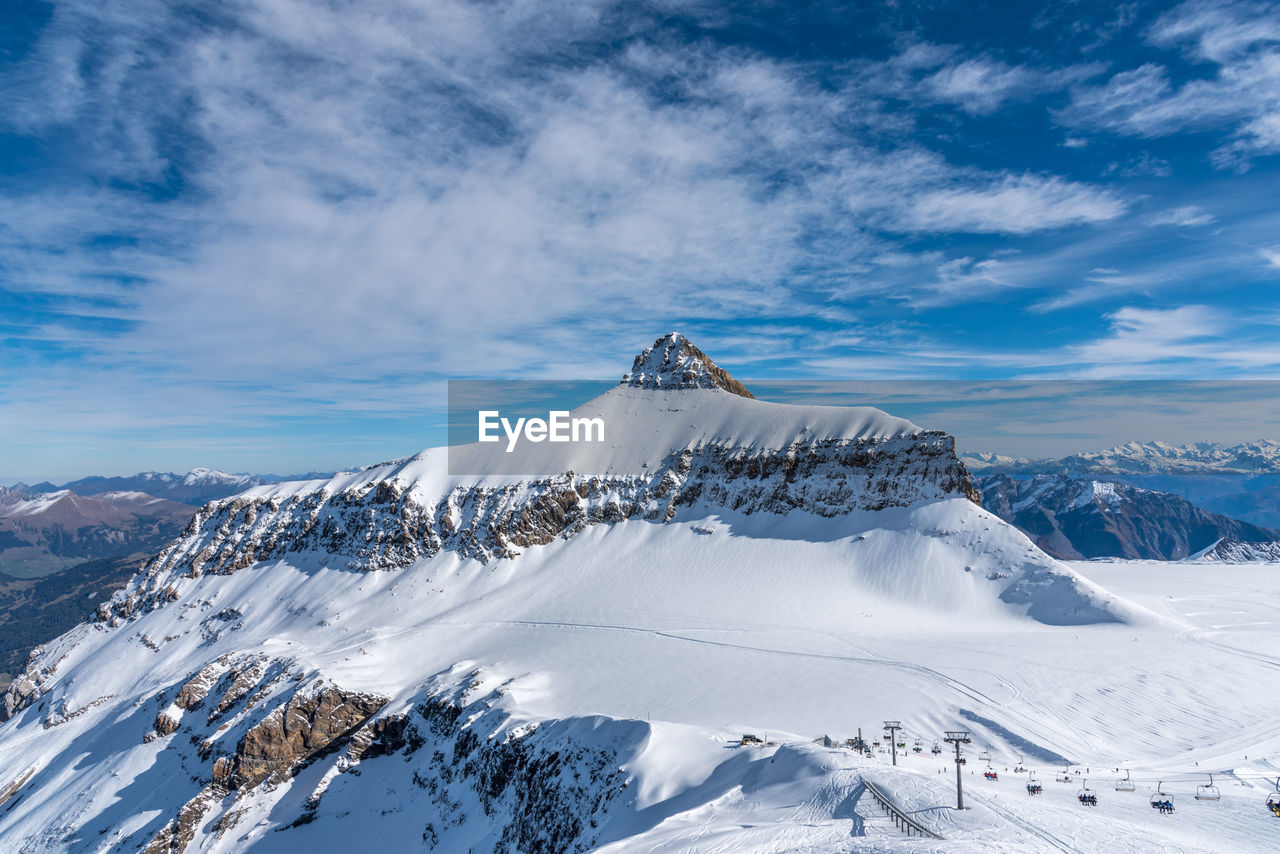 A winter day on the diablerets glacier at 3000 meters above sea level in switzerland