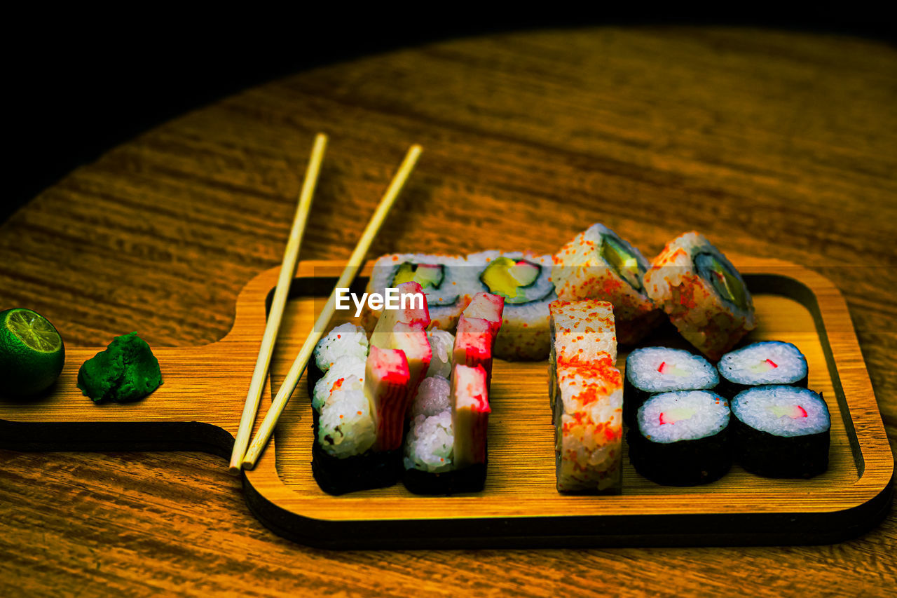 high angle view of sushi on table