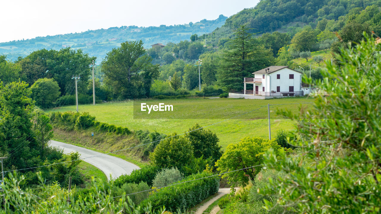 Scenic view of cottage by trees and houses