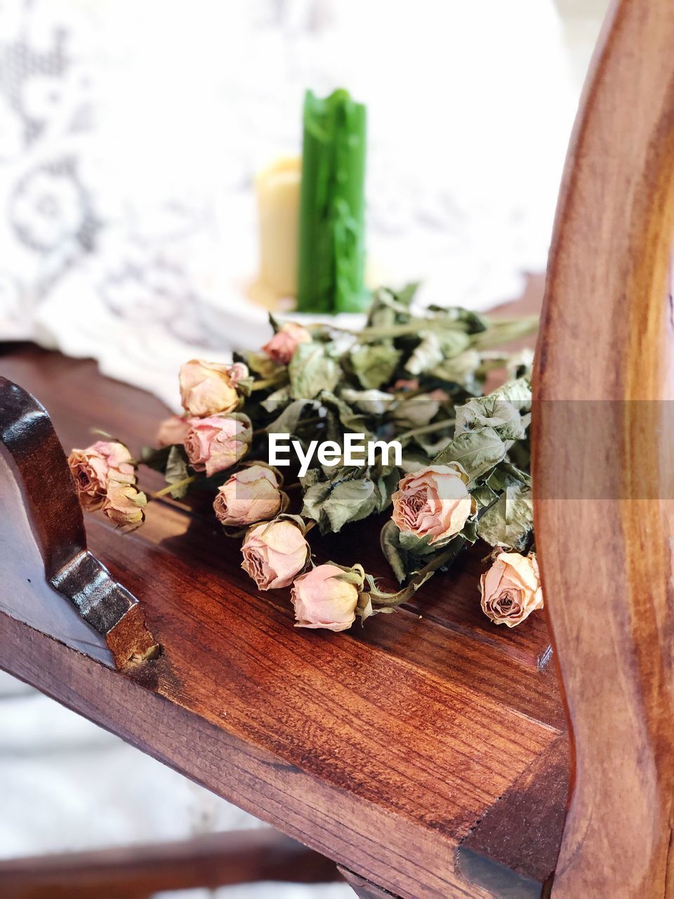 High angle view of dry roses on table