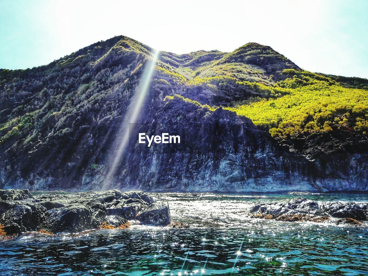 SCENIC VIEW OF WATERFALL WITH MOUNTAIN IN BACKGROUND