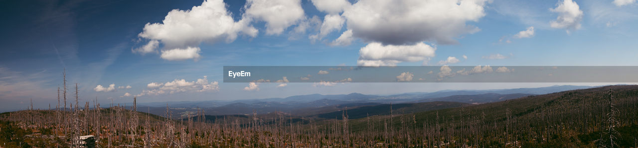 PANORAMIC SHOT OF LAND AND MOUNTAINS AGAINST SKY