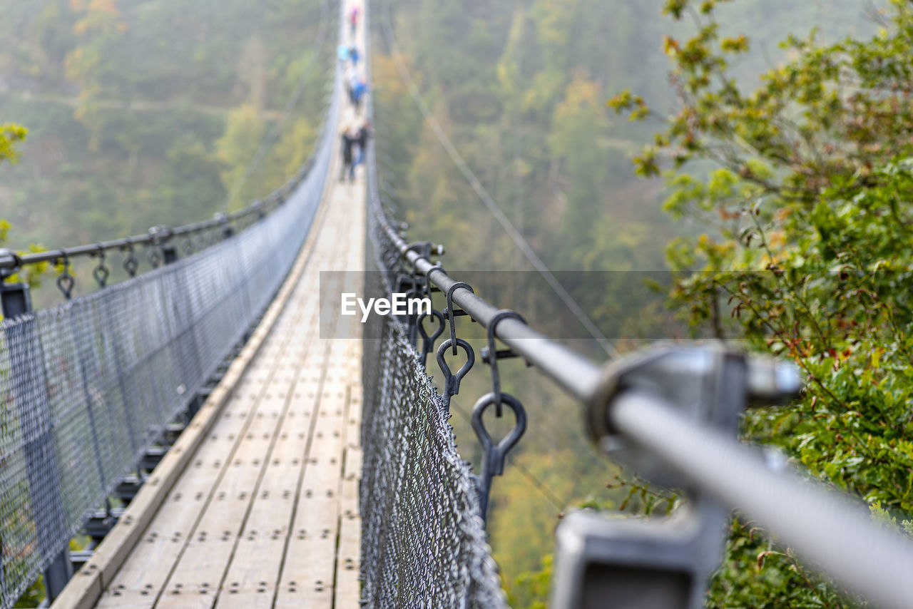 Suspension wooden bridge with steel ropes over a dense forest in west germany. 