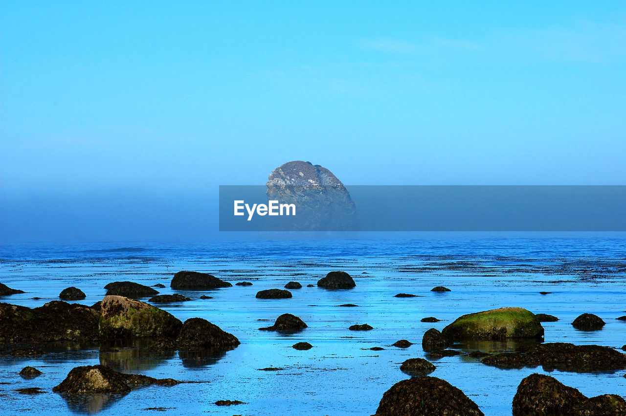 Scenic view of sea against clear blue sky