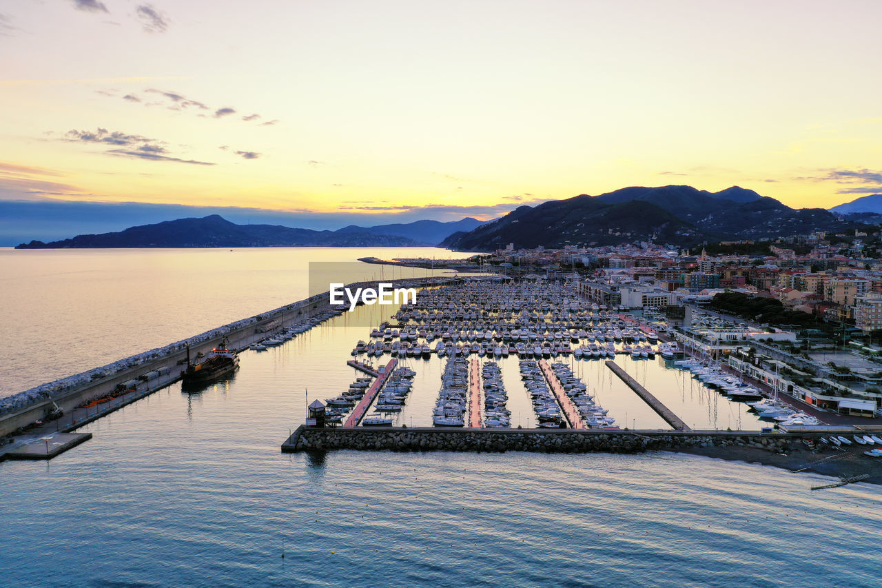 View of marina at sunset