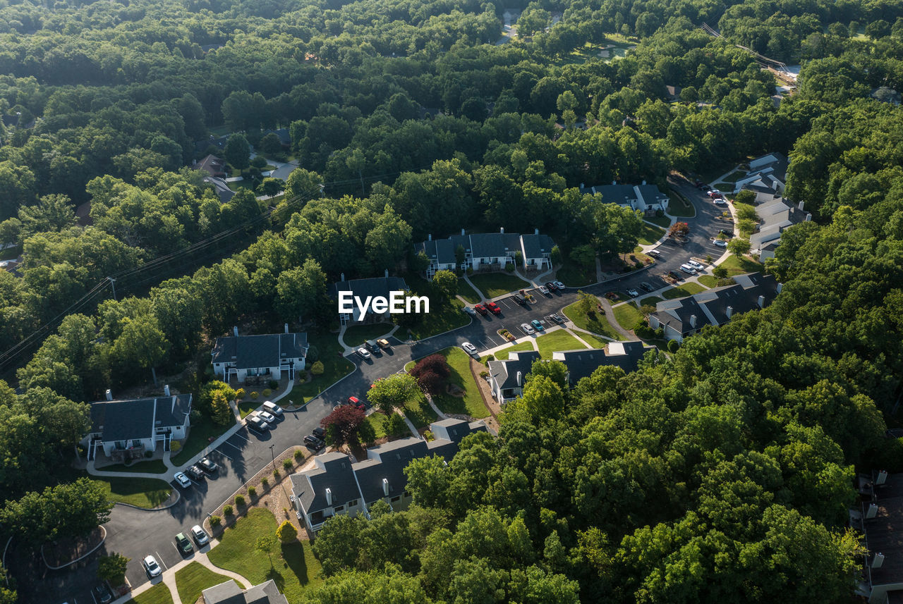 HIGH ANGLE VIEW OF TREES AND BUILDINGS IN CITY