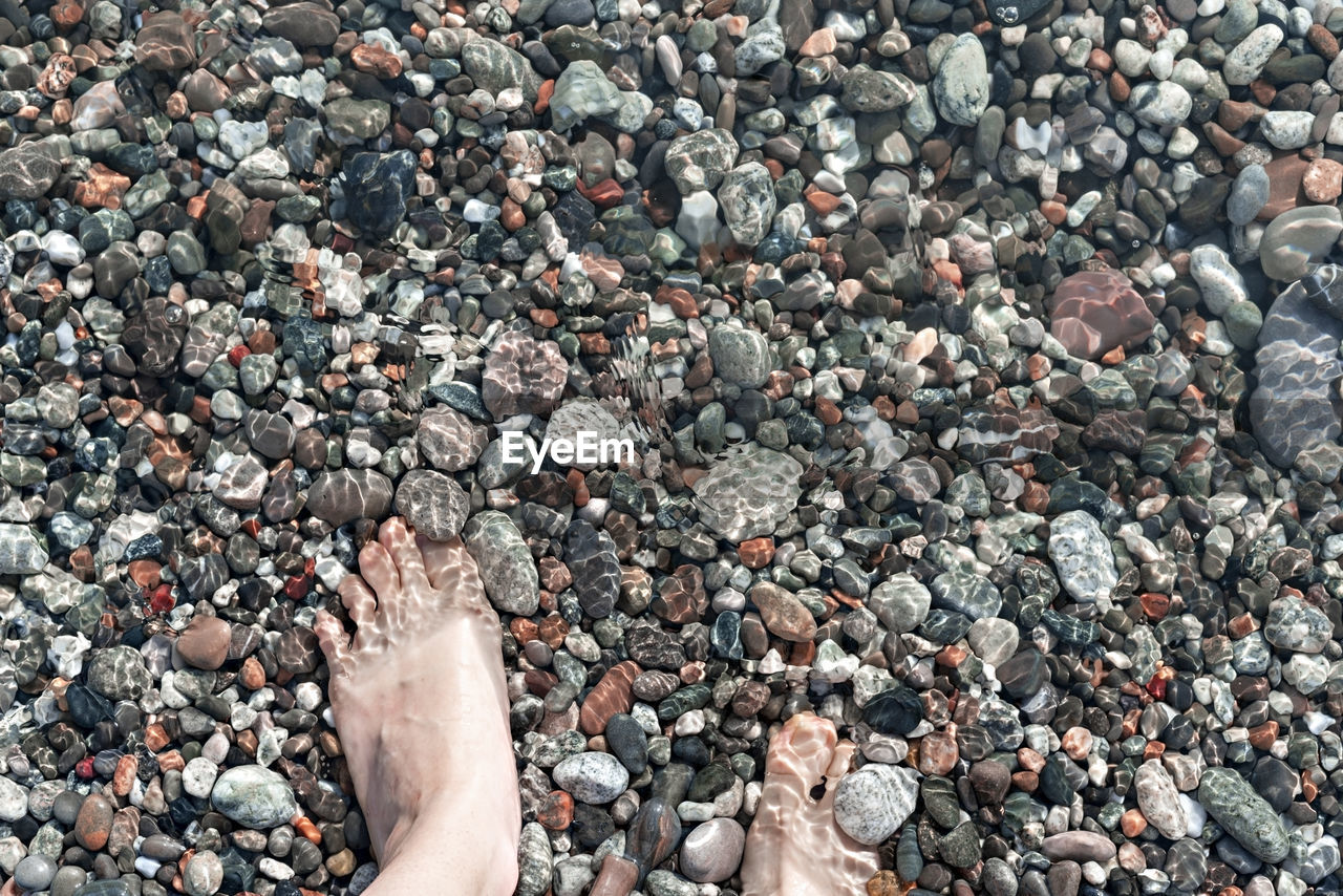 Female feet in sea water on  pebble shore top view in summer, many pebbles, copy space, relaxation