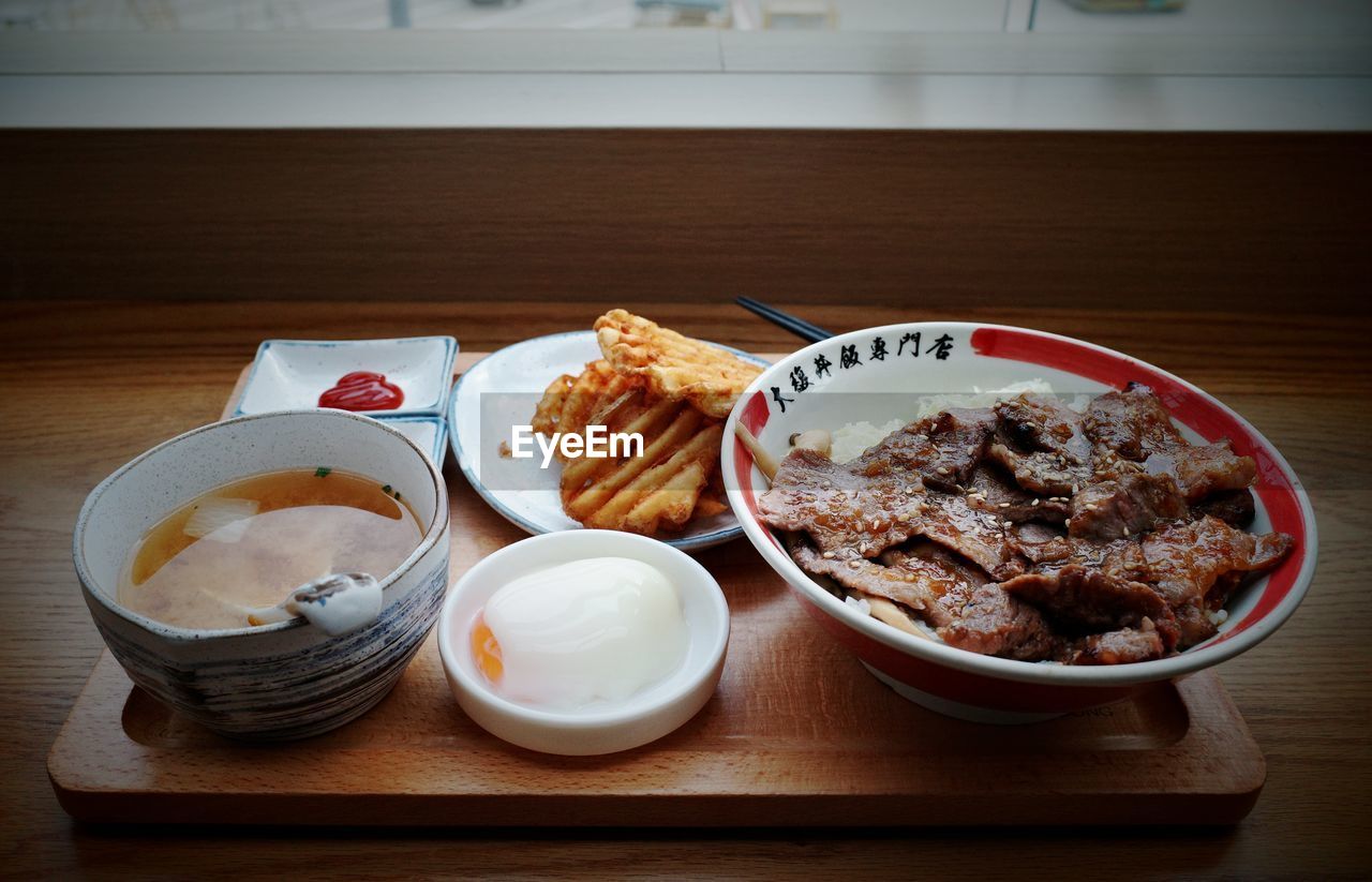 High angle view of breakfast on table