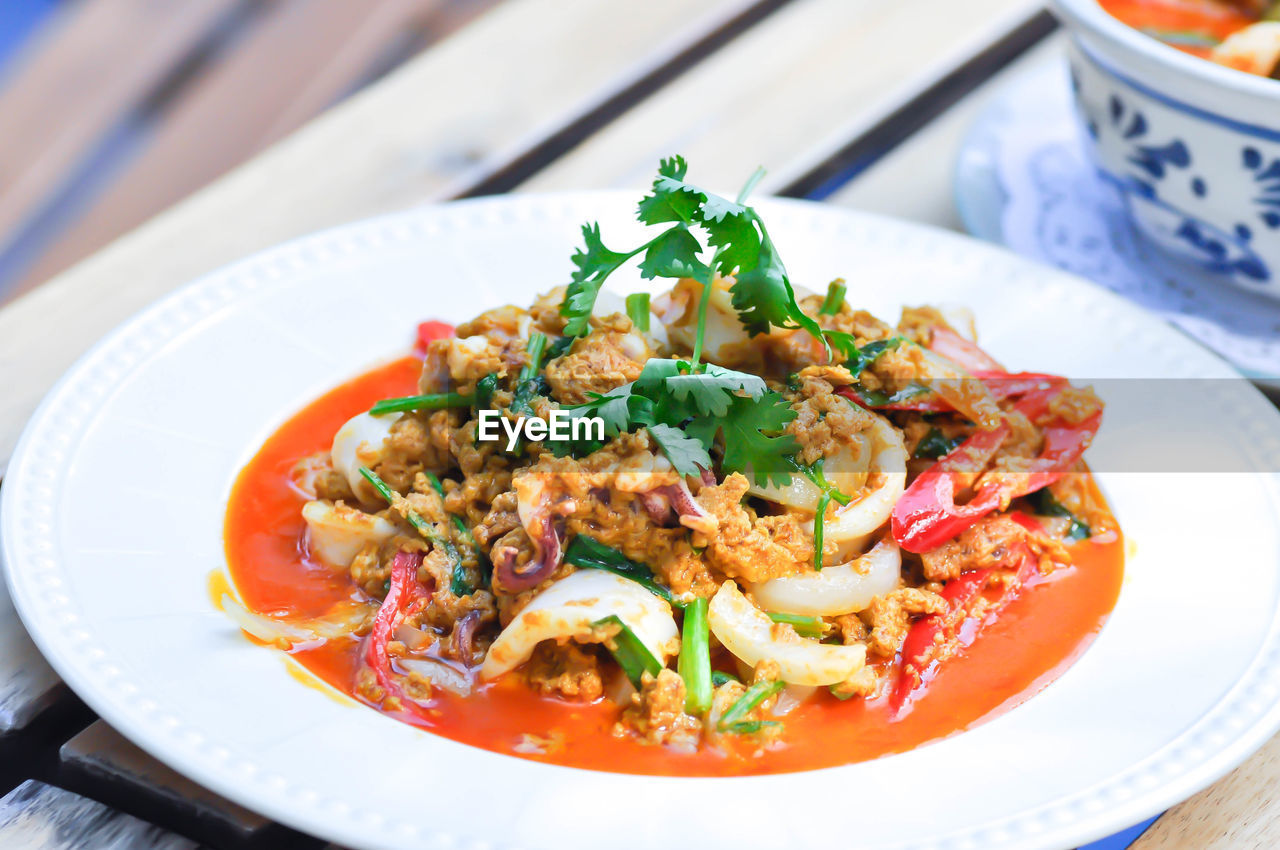 HIGH ANGLE VIEW OF FOOD SERVED IN PLATE