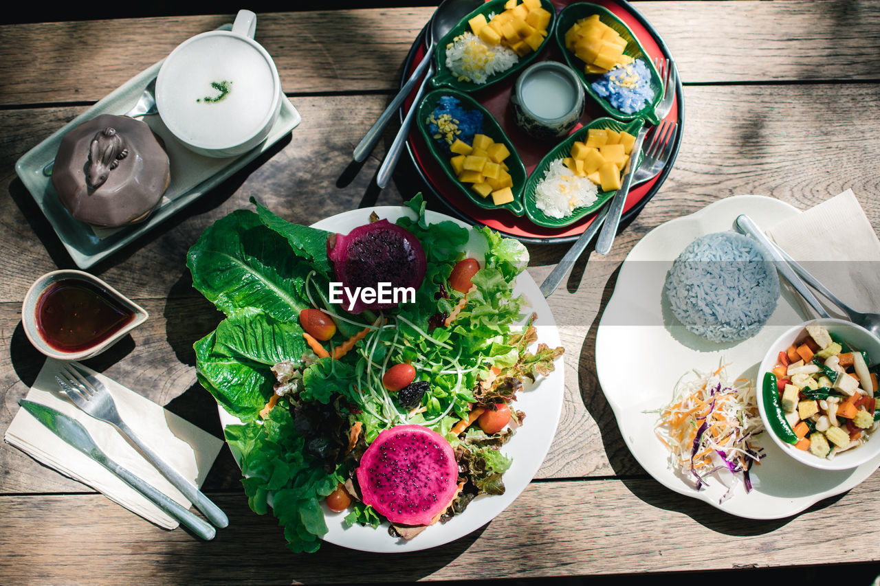 High angle view of thai breakfast on table