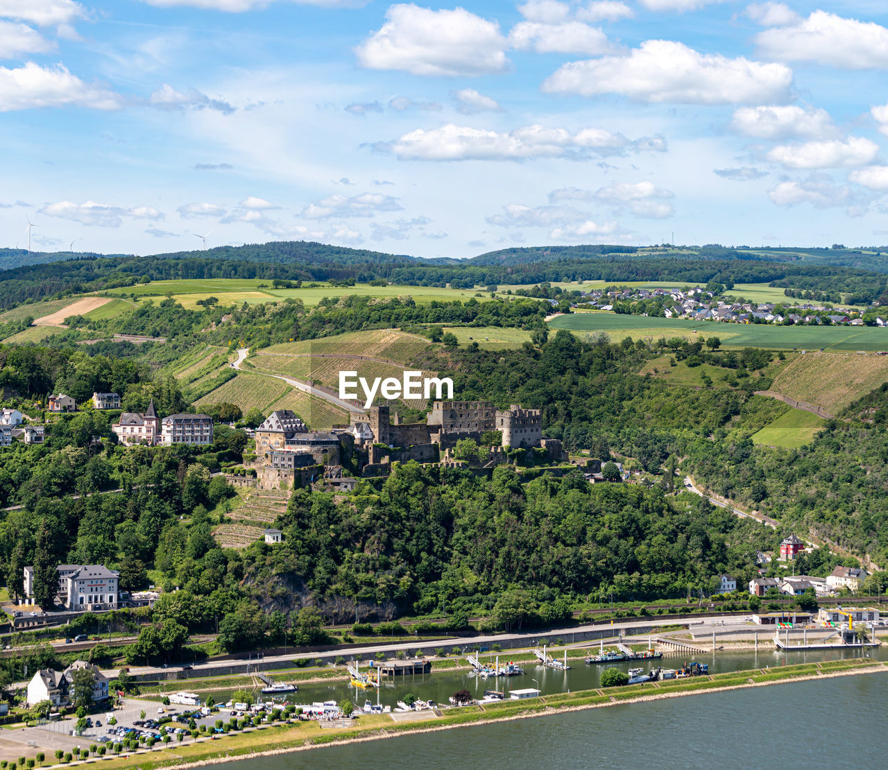 View from dreiburgenblick on the town st. goar, the rheinfels castle and the river rhine