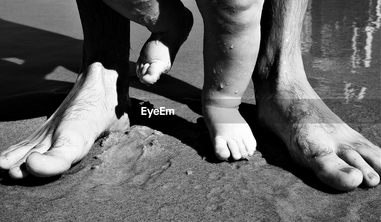 Low section of father and son standing on beach