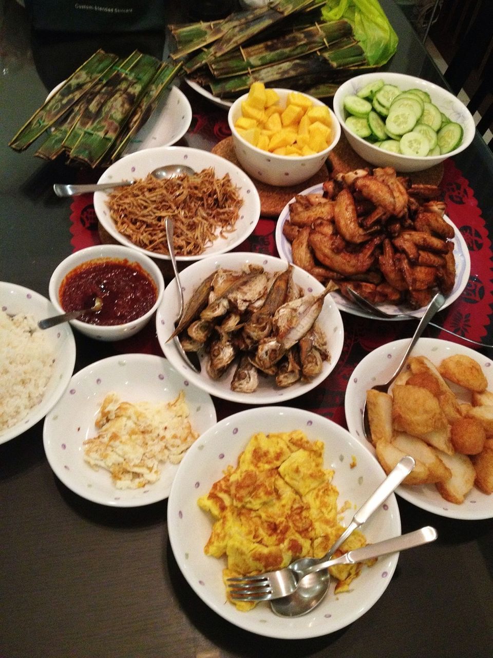 Elevated view of various foods on table