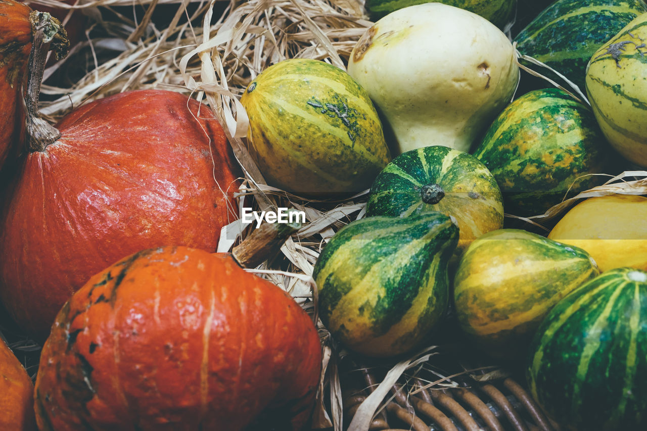 High angle view of pumpkins in market