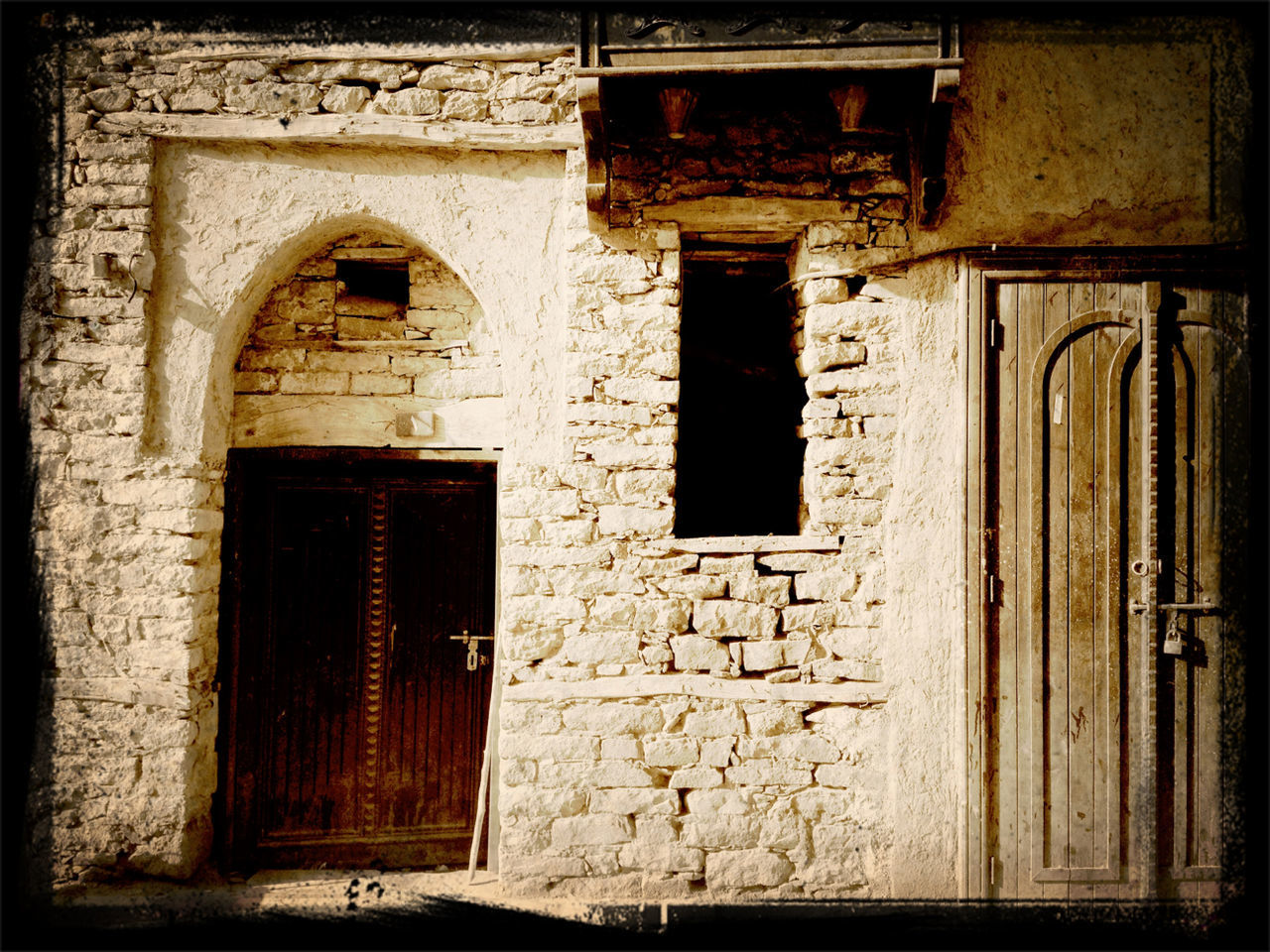 architecture, built structure, building exterior, darkness, no people, building, ancient history, window, door, entrance, old, day, house, history, transfer print, auto post production filter, wall - building feature, outdoors, the past, abandoned, white, closed, sunlight, light, wall, wood, damaged