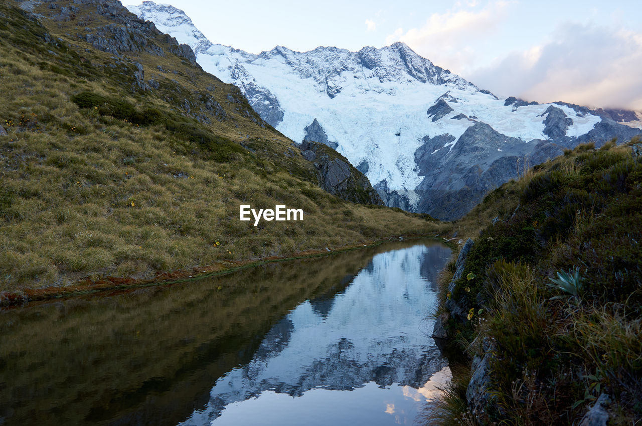 Scenic view of lake by mountains against sky