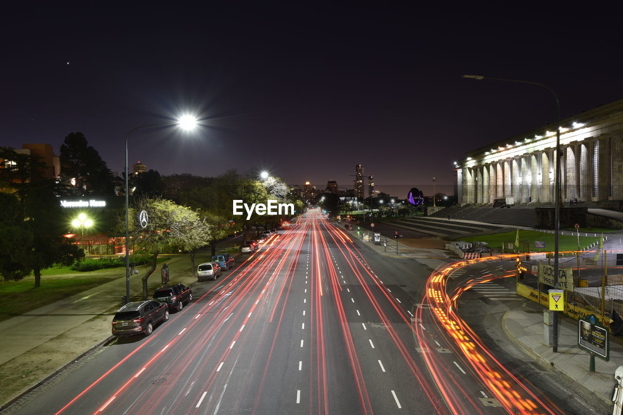 High angle view of light trails on street