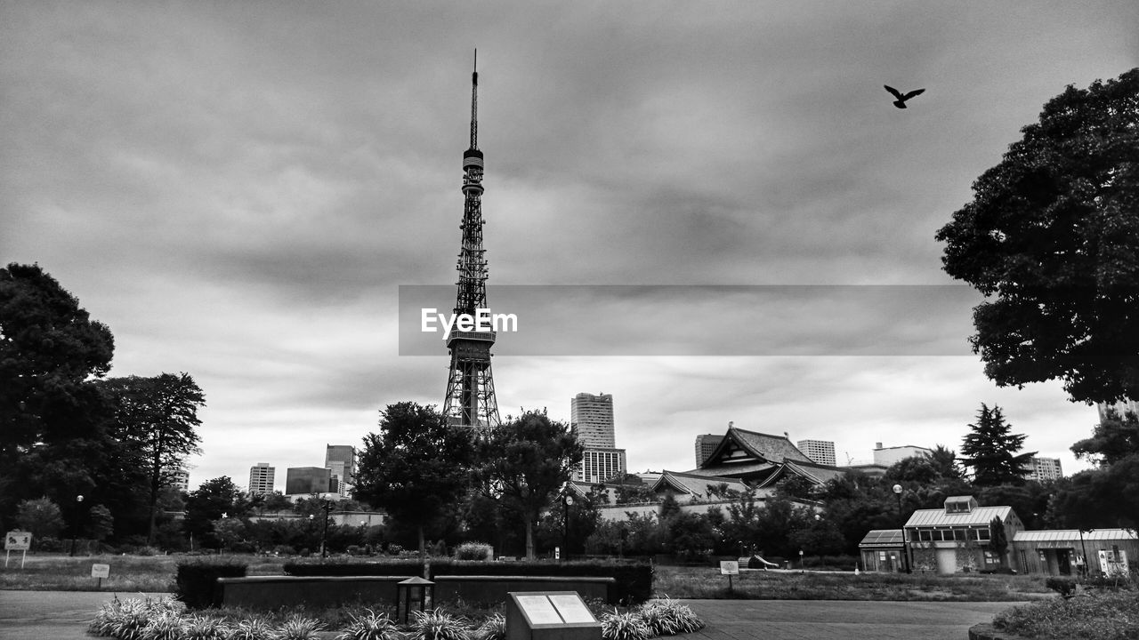 Buildings against cloudy sky