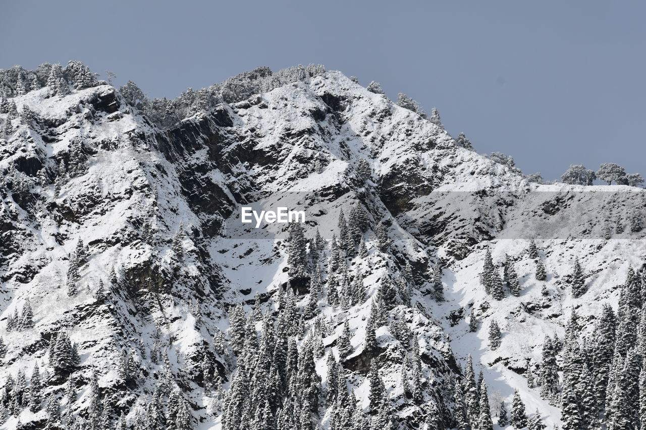 Low angle view of snowcapped mountains against clear sky