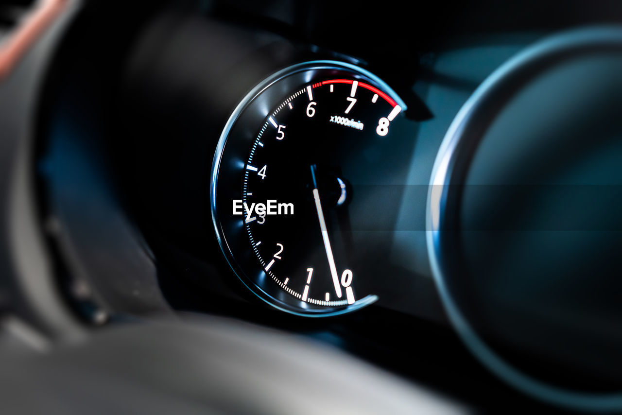 Close-up of speedometer in car