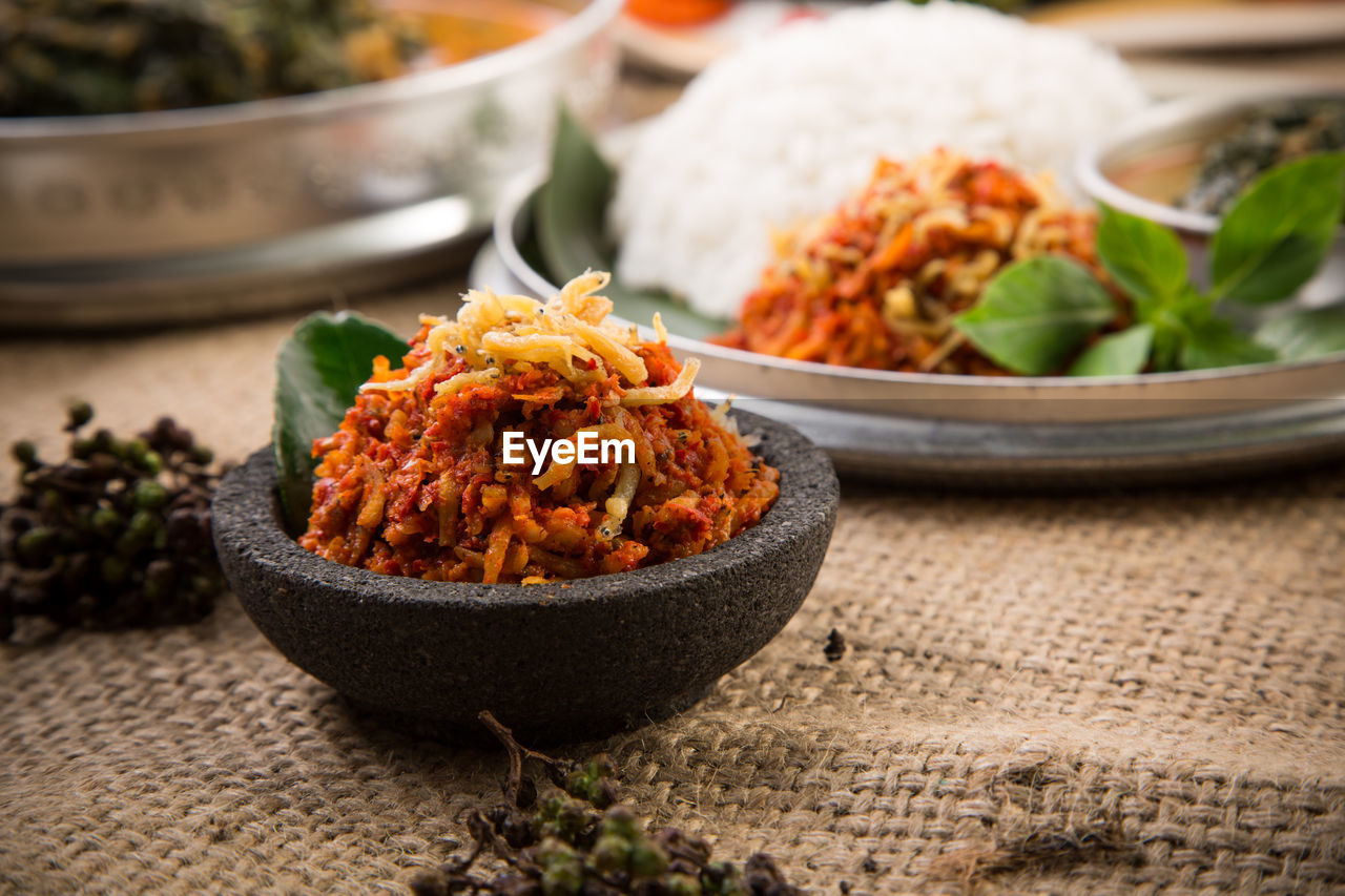 Close-up of food served on table