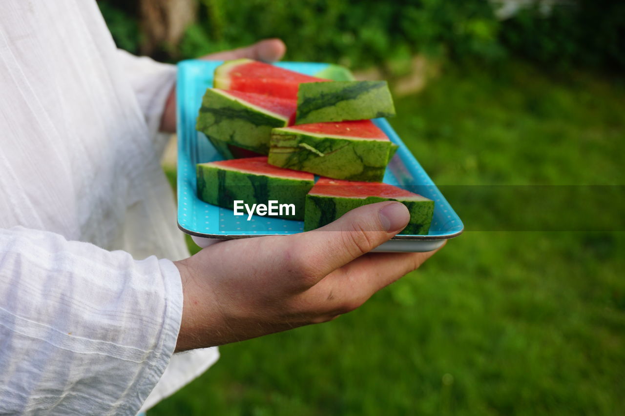 Midsection of man holding watermelons in plate