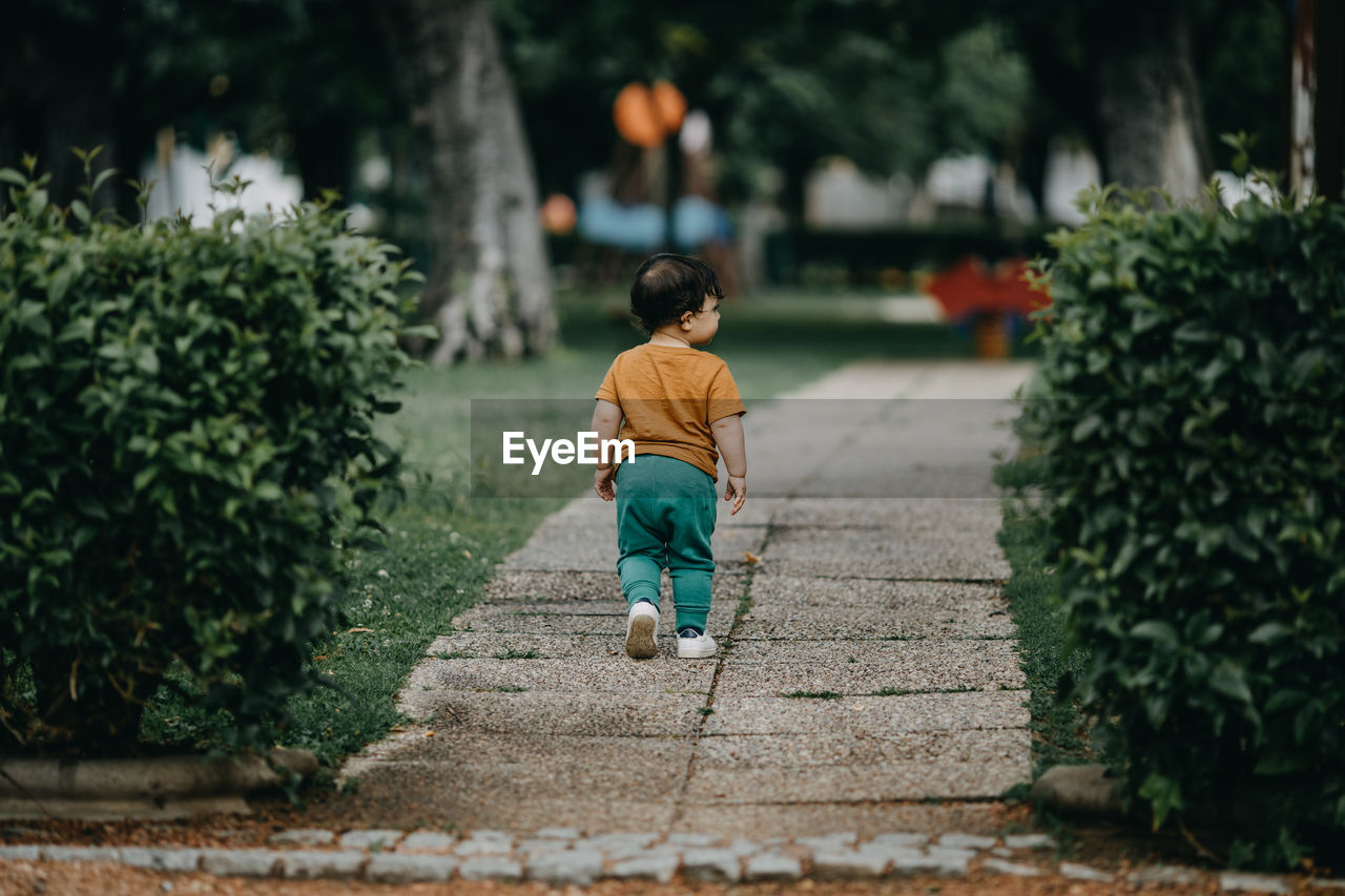 Rear view of boy walking on footpath