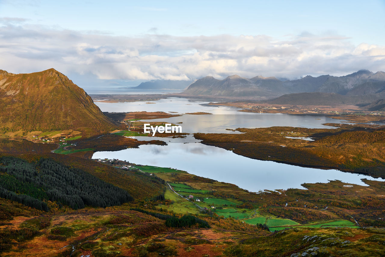 Scenic view over the landscape and sea on lofoten islands in north norway