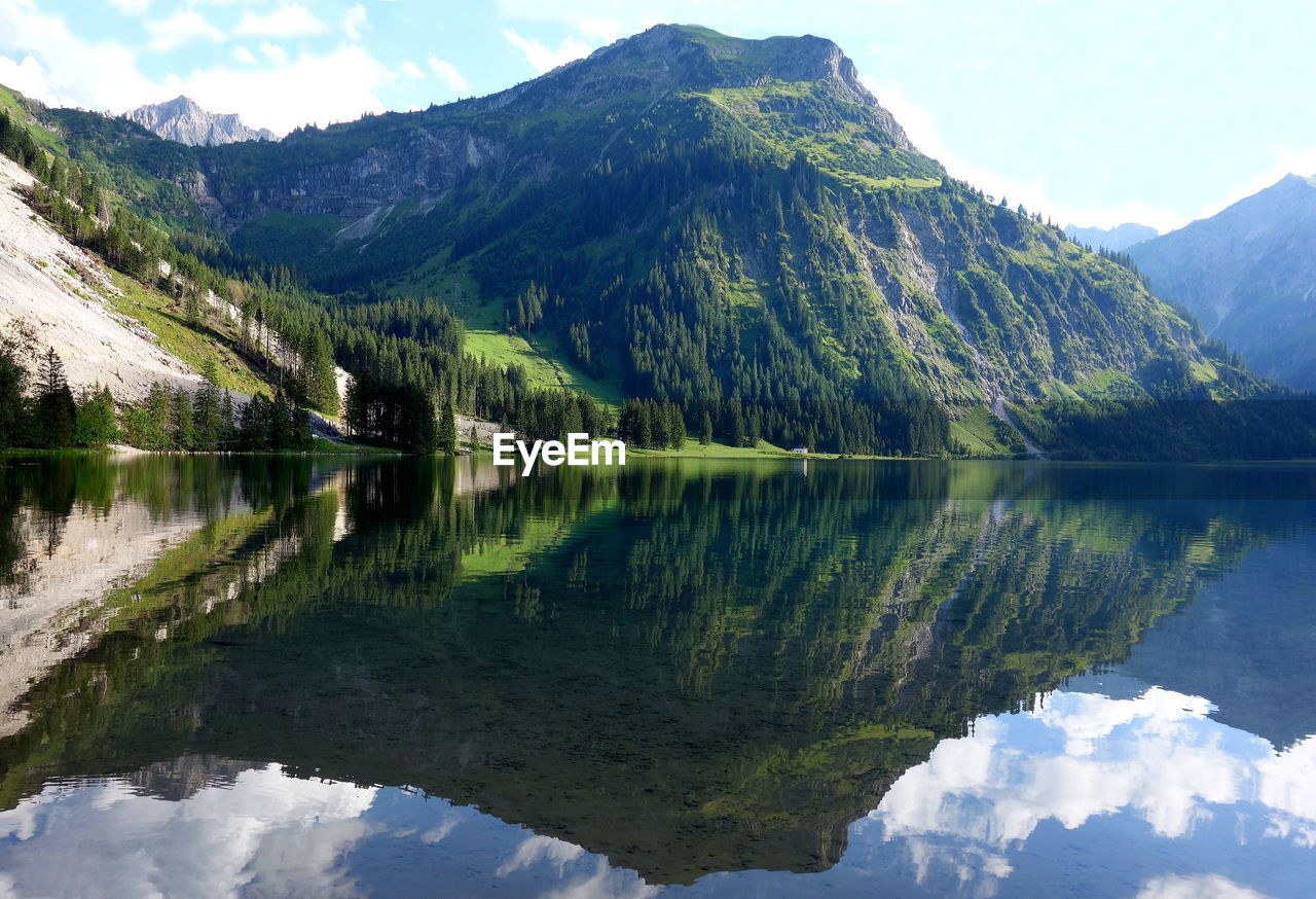 Scenic view of lake and mountains against sky