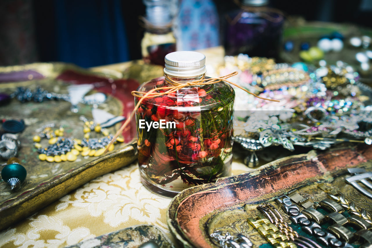 Close-up of decorations on table