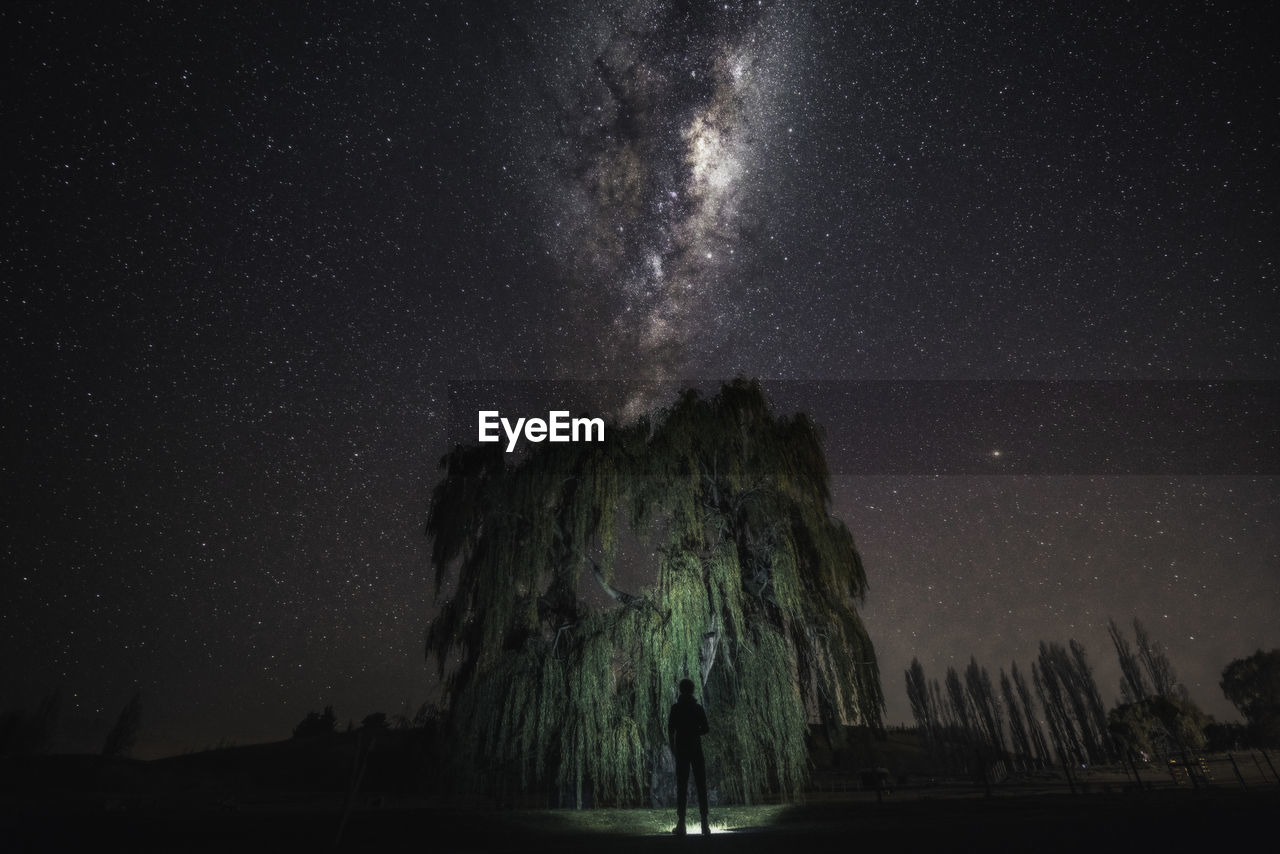 Rear view of silhouette man standing on field against star field at night