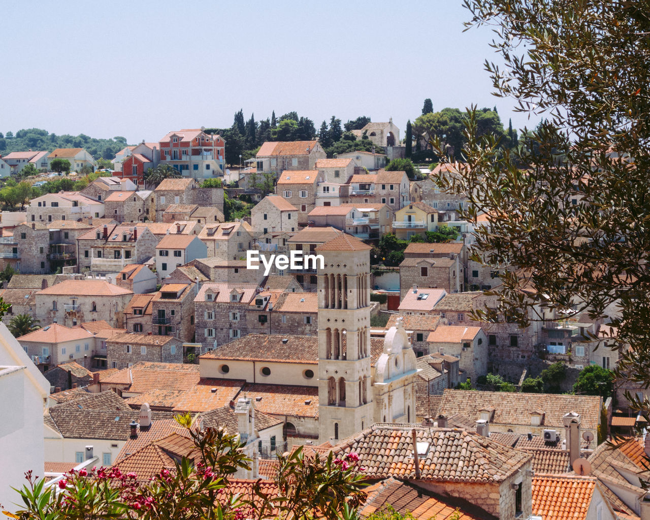 High angle view of townscape against clear sky