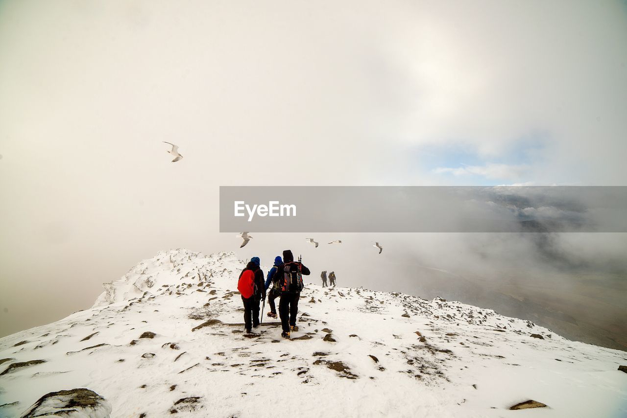 Rear view of people on snow covered mountain in foggy weather