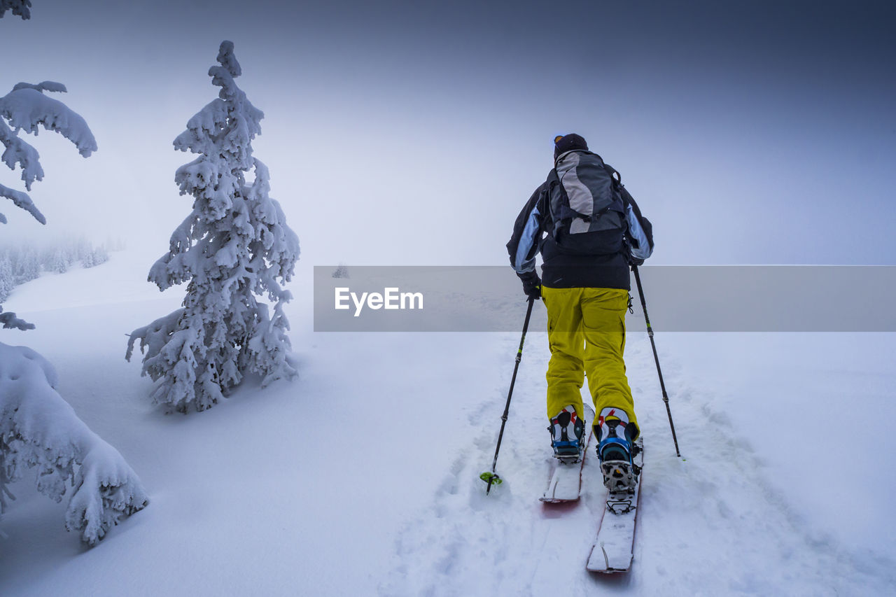 Rear view of person skiing on snow covered landscape against sky