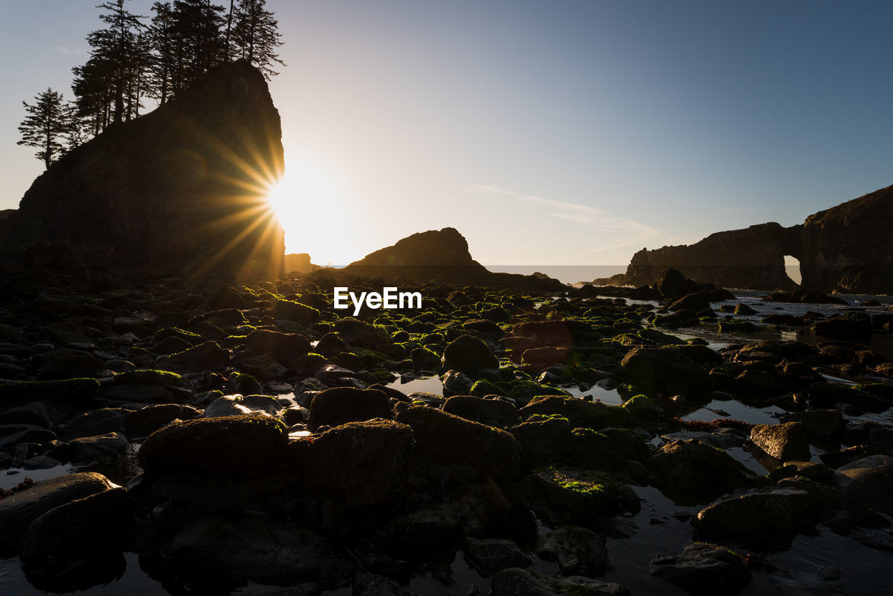 Evening sun on tide pool in pacific ocean with sea stacks looming