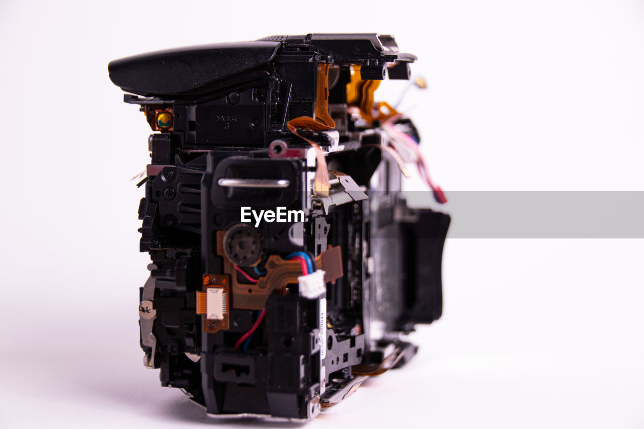 Close-up of camera body against white background