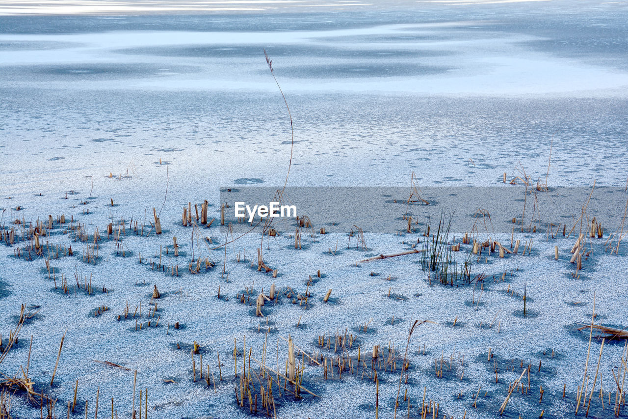 Close-up of frozen water against sky