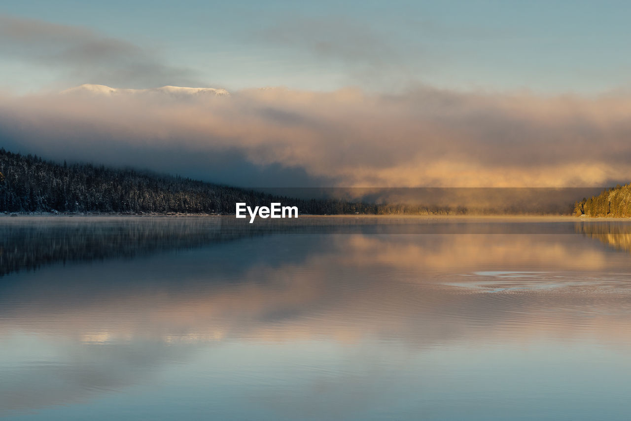 Scenic view of lake against sky during sunset