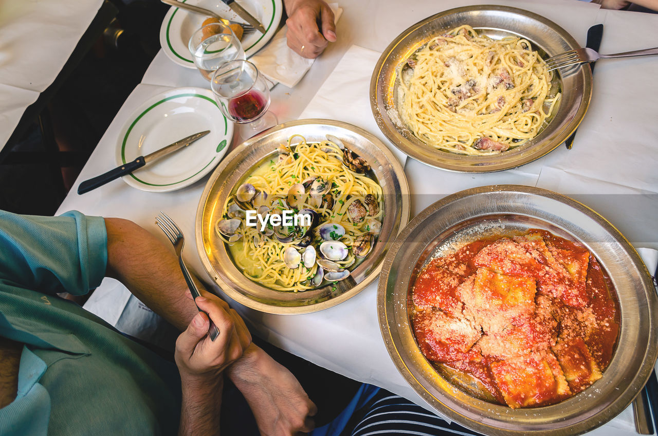 HIGH ANGLE VIEW OF PEOPLE HAVING FOOD