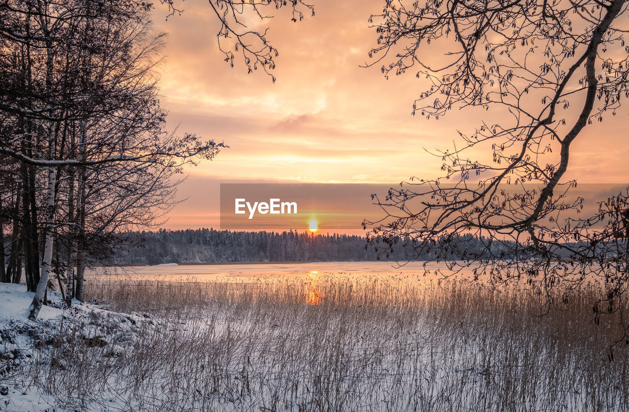 Scenic view of snow covered landscape against sky during sunset