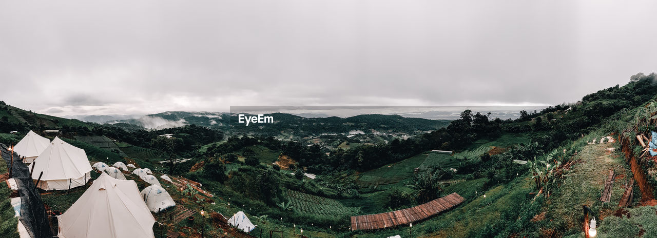 High angle view of trees on landscape against sky