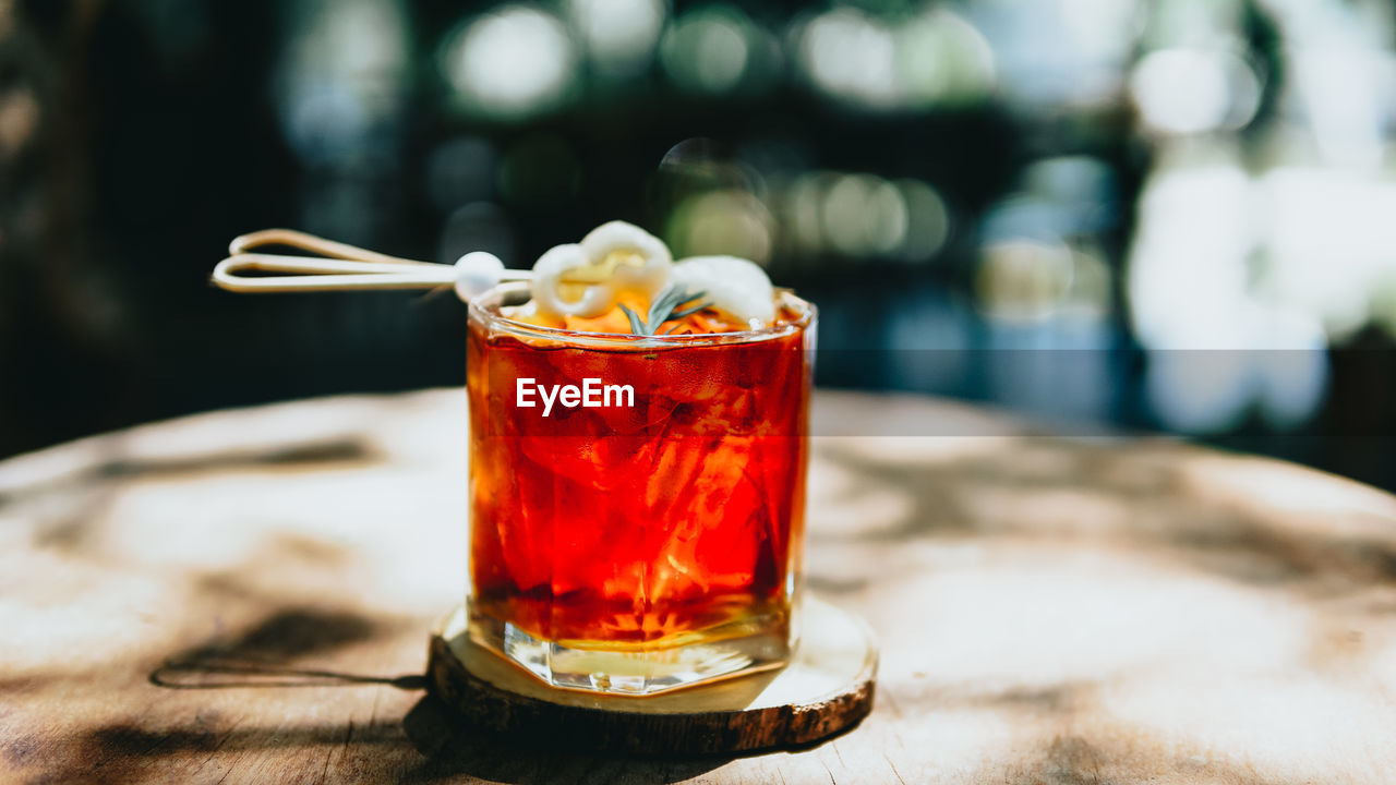 Close-up of tea in glass on table