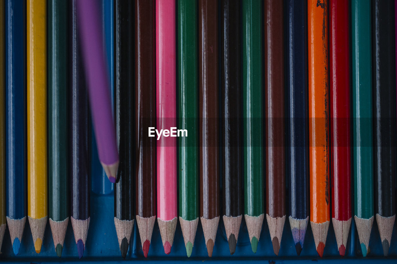 Full frame shot of colored pencils arranged on table