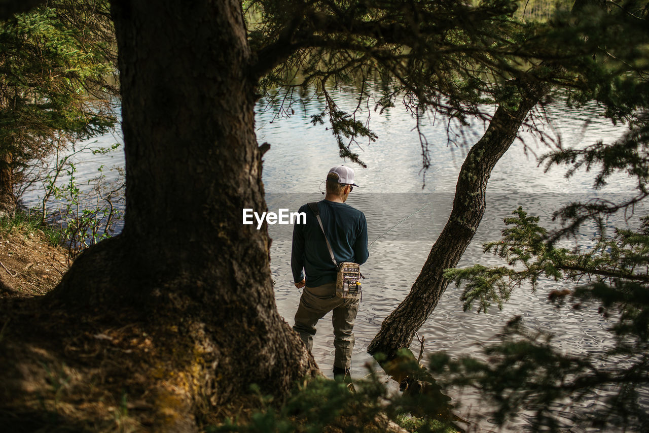 Man fishing in a lake among the trees