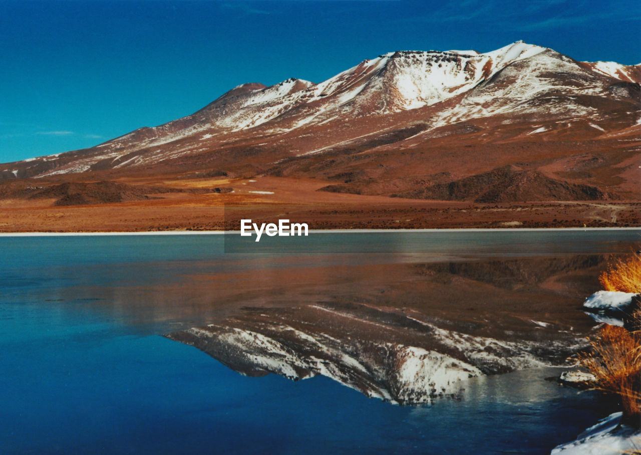 Scenic view of snowcapped mountains and lake against blue sky