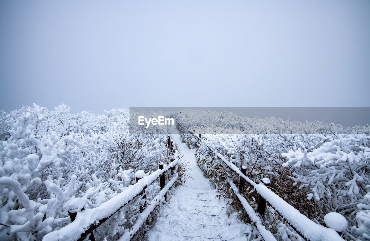 Snow covered landscape against sky