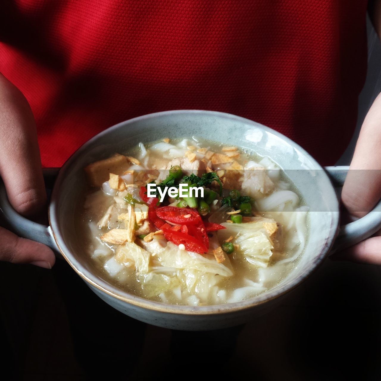 Midsection of person holding food in bowl