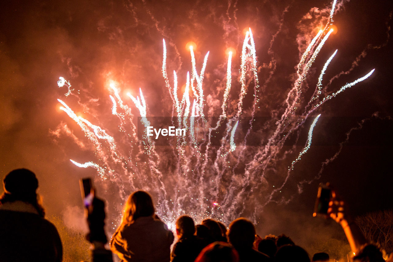 People looking at firework display against sky at night